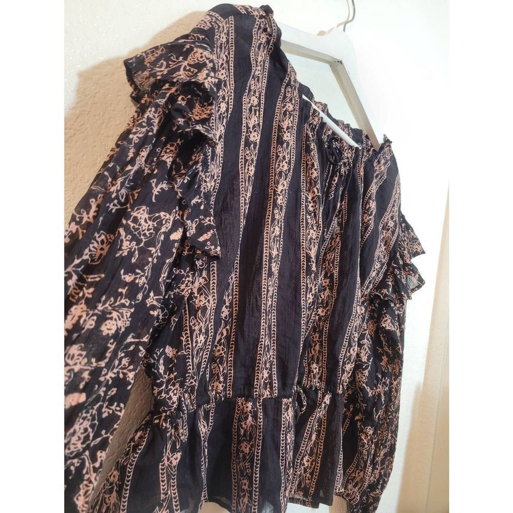Free People Floral Peplum Blouse Ruffled Sleeves Size XS TP Black Tan - Picture 2 of 5